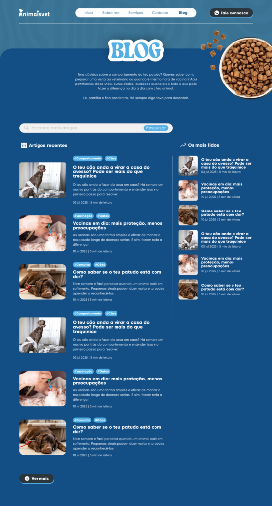 Interface da página de blog do site da clínica veterinária Animaisvet com campo de pesquisa de artigos, lista de artigos recentes sobre saúde e comportamento de animais e seção lateral com os conteúdos mais lidos.