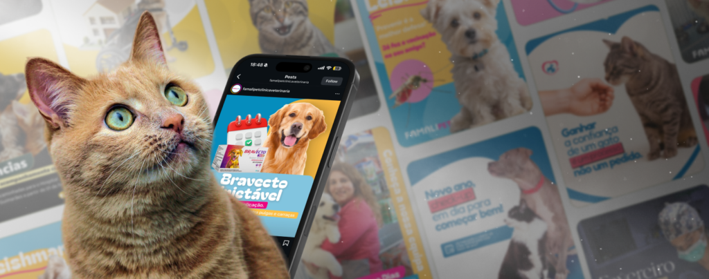 Banner com um gato em destaque ao lado de um smartphone exibindo um post de rede social sobre cuidados veterinários, com fundo composto por diferentes artes de posts para clínicas e pets.