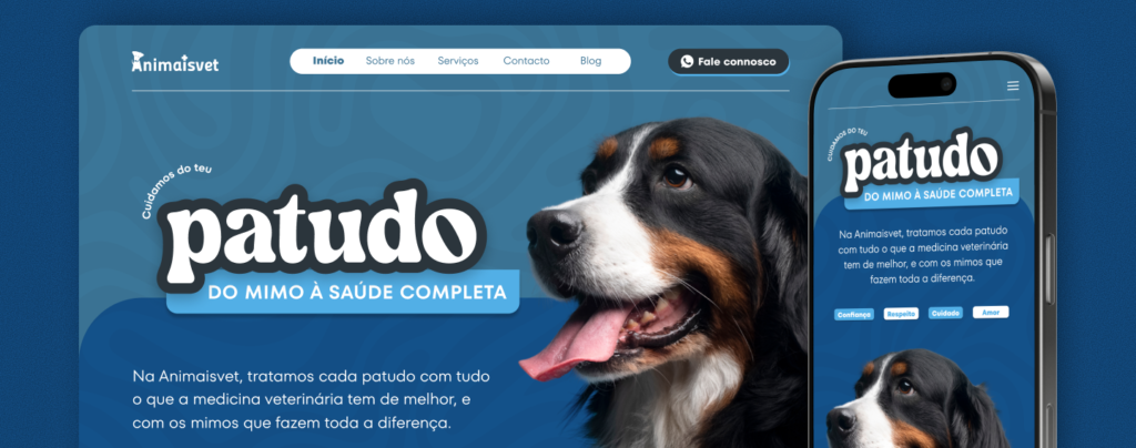 Banner de website da clínica veterinária Animaisvet com imagem de um cachorro em destaque, texto “Cuidamos do teu patudo do mimo à saúde completa”, menu de navegação no topo e versão da interface exibida também em um smartphone ao lado.