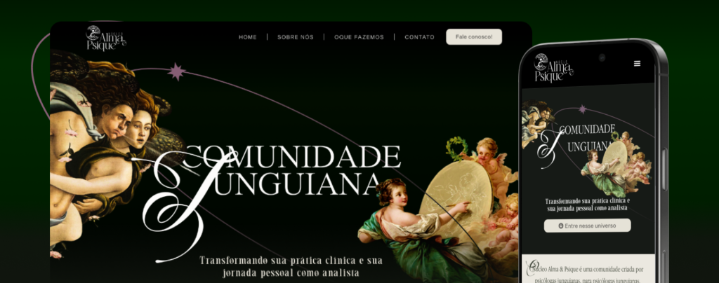 Banner do site da comunidade Alma & Psique com o título “Comunidade Junguiana”, ilustrações clássicas inspiradas em arte renascentista com figuras angelicais e layout do site exibido também em um smartphone, destacando a versão responsiva da página.