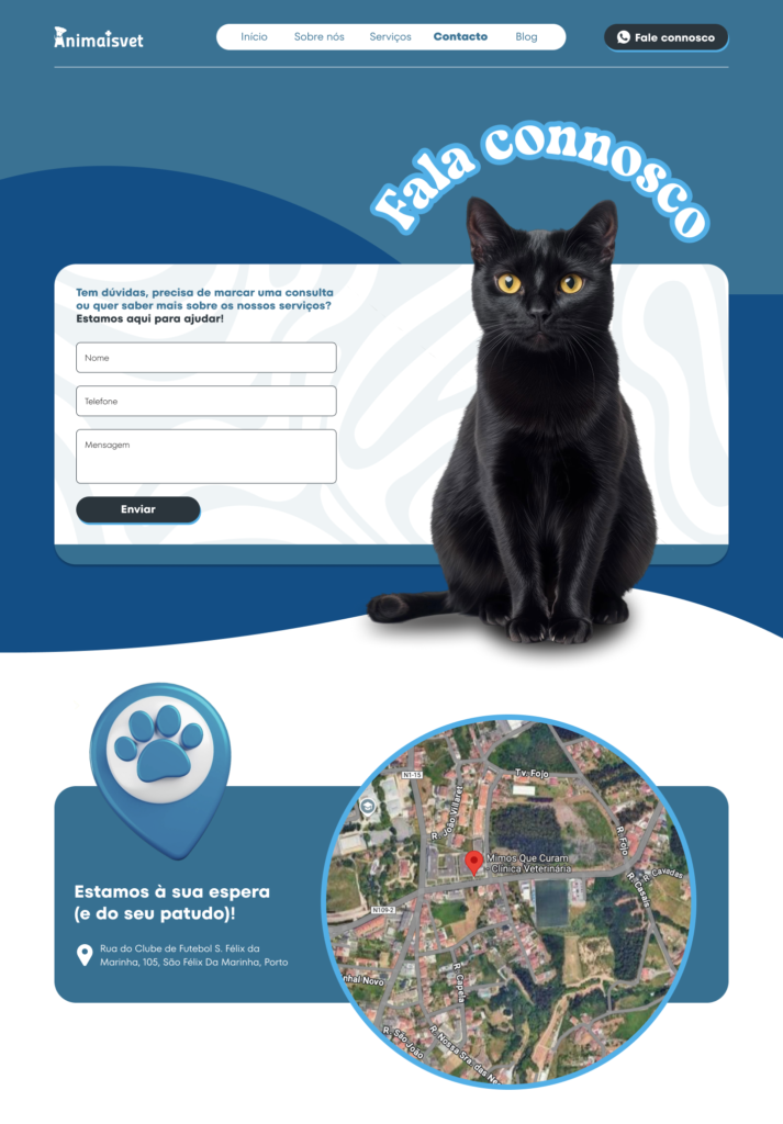 Interface da página “Contacto” do site da clínica veterinária Animaisvet com formulário para envio de mensagem, imagem de um gato em destaque e seção com mapa mostrando a localização da clínica em São Félix da Marinha, Porto.