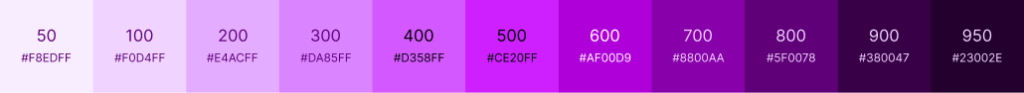 Escala de cores em tons de roxo organizada do mais claro ao mais escuro, com variações numeradas de 50 a 950 e seus respectivos códigos hexadecimais, usada como paleta de cores do sistema de design.