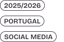 Etiquetas visuais indicando informações do projeto: período 2025–2026, localização Portugal e área de atuação Social Media.