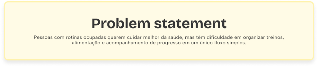 Seção intitulada “Problem statement” descrevendo que pessoas com rotinas ocupadas querem cuidar melhor da saúde, mas têm dificuldade em organizar treinos, alimentação e acompanhamento de progresso em um único fluxo simples.