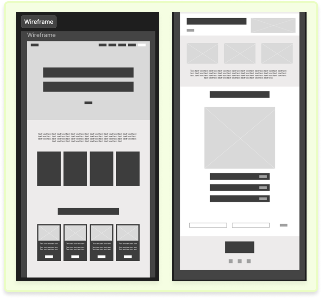 Dois wireframes de baixa fidelidade representando a estrutura das páginas do site, com blocos para cabeçalho, banners, imagens, textos, cards de conteúdo e áreas de chamada para ação.