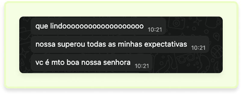Captura de tela de mensagens em aplicativo de conversa com feedback positivo do cliente elogiando o trabalho, dizendo que superou as expectativas e destacando a qualidade do resultado.