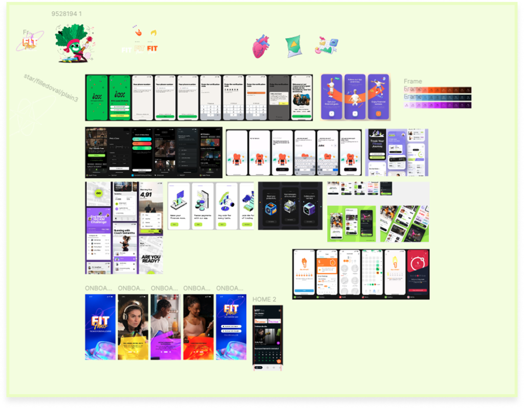 Painel com diversas referências visuais e telas de aplicativos de fitness, incluindo exemplos de interfaces mobile, fluxos de onboarding, dashboards de saúde, componentes de UI, paletas de cores, ilustrações e ideias de identidade visual usadas como inspiração para o design do produto.