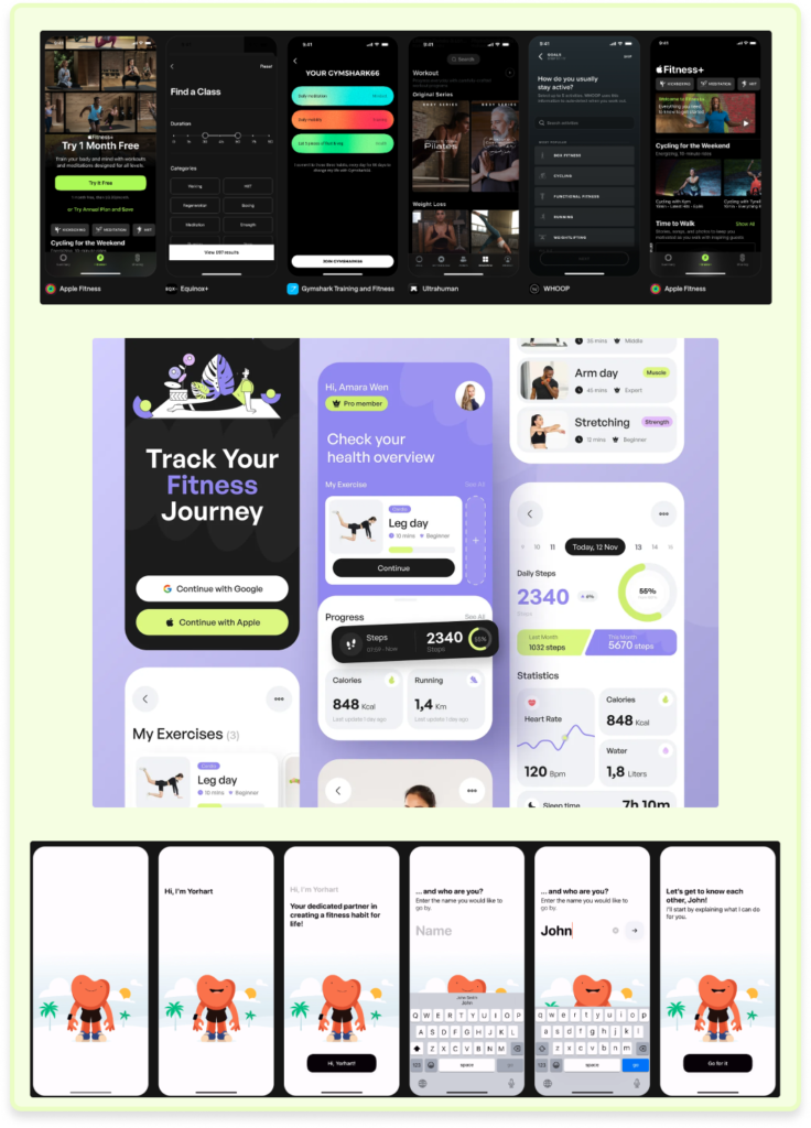 Coleção de telas de diferentes aplicativos de fitness mostrando exemplos de interface mobile, incluindo descoberta de treinos, seleção de atividades, acompanhamento de progresso, métricas de saúde e fluxo de onboarding do usuário.
