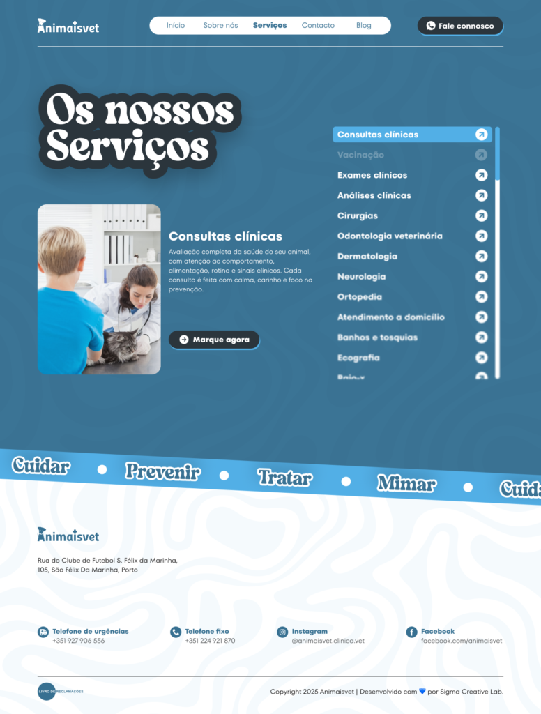 Interface da página “Os nossos serviços” do site da clínica veterinária Animaisvet com destaque para consultas clínicas, descrição do serviço e lista de especialidades veterinárias como vacinação, exames clínicos, análises, cirurgias, dermatologia e ortopedia, além de botão para marcar consulta.