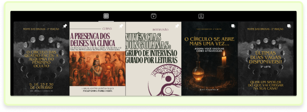 Painel com exemplos de posts visuais para redes sociais relacionados a conteúdos junguianos e eventos terapêuticos, incluindo temas como cursos, grupos de leitura, círculos simbólicos e divulgações de vagas para atividades.