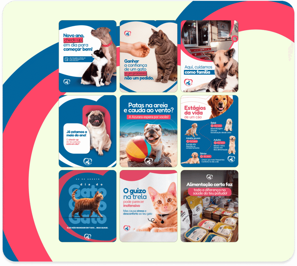 Grade com nove posts criados para redes sociais de clínica veterinária, com conteúdos educativos e institucionais sobre check-up anual de pets, comportamento de gatos, estágios da vida de um cão, alimentação adequada e curiosidades sobre animais.