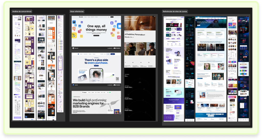 Painel com capturas de telas usadas na análise de concorrência e pesquisa de referências de design, incluindo exemplos de sites, landing pages e plataformas de cursos online que inspiraram a estrutura e a interface do projeto.
