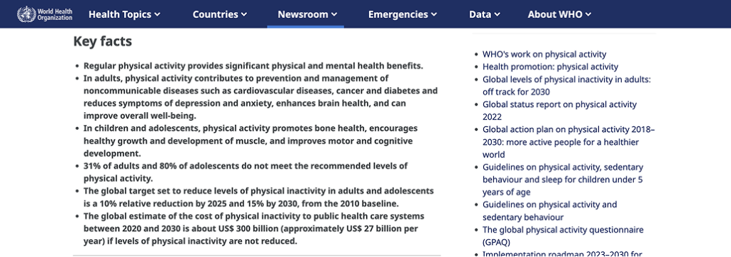 Captura de tela de uma página da Organização Mundial da Saúde com a seção “Key facts”, apresentando uma lista de informações sobre os benefícios da atividade física, níveis globais de inatividade e metas internacionais para redução do sedentarismo.
